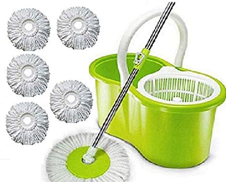 ALLWIN Plastic Home Cleaning 360 Degrees Spin Floor Cleaning Easy Advance Tech Bucket PVC Mop and Rotating Steel Pole Head with 5 Microfiber Refill Head (GREEN)