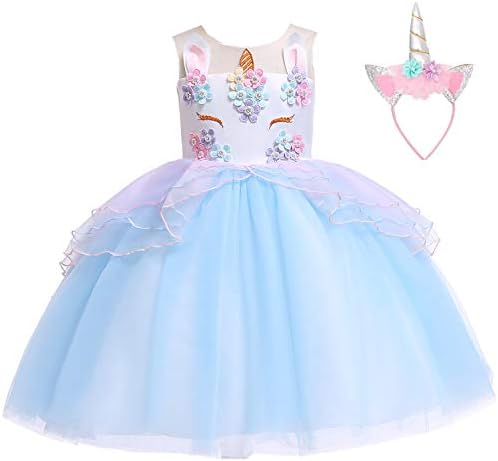 Flower Girls Unicorn Costume Pageant Princess Party Dress with Headband for Girls 2-12 Years