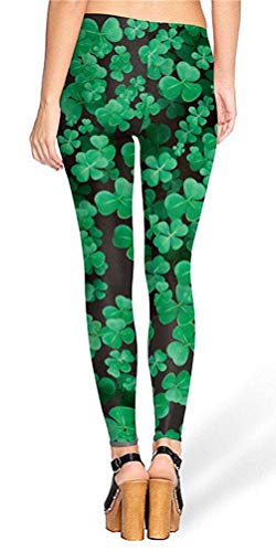 Womens St.Patrick's Day Leggings Green Clover Pattern Stretchy Shamrock Pants Black M