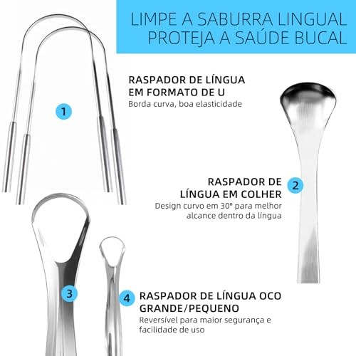 Raspador de Lingua, GODREAM Limpador de Lingua Inox com Estojo, Kit 5 Higiene Bucal, Limpeza Bucal Profunda, Elimina Mau Hálito, Remove Saburra, Lavável e Reutilizável, Essencial para Casa e Viagens