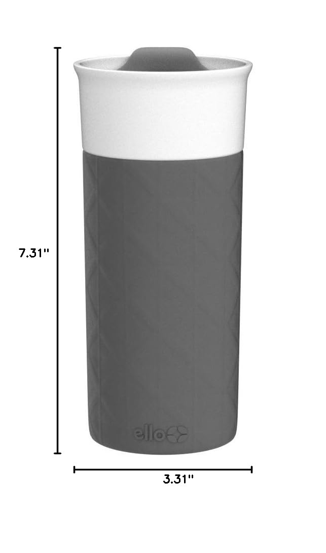 Ello Ogden Ceramic Travel Mug with Splash-Resistant Slider Lid and Protective Silicone Boot, Perfect for Coffee or Tea, BPA Free, Dishwasher Safe, Gray, 16 oz, 758-0438-040