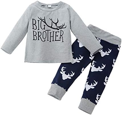 3Pcs Twins Brother Suit Big Brother Shirt for Toddler Christmas Outfits Deer Print Pants with Hat Infant Clothes Set
