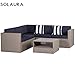 SOLAURA Outdoor 4-Piece(5 Seats) Furniture Sectional Sofa Set All Weather Warm Grey Wicker with Nautical Navy Blue Cushions & Sophisticated Glass Coffee Table Conversation Set