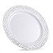 LACE PLASTIC PARTY DISPOSABLE PLATES | 10.25 Inch Hard Round Wedding Dinner Plates | White with Silver Rim, 20 Pack | Elegant & Fancy Heavy Duty Party Supplies Plates for Holidays & Occasions