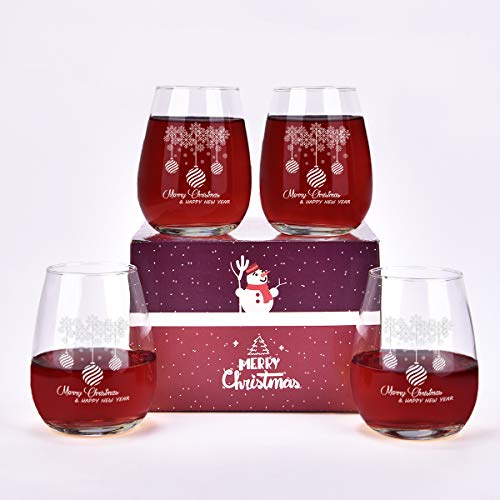 Merry Christmas Stemless Wine Glass Gift for Women Friends, 15 Oz Funny Stemless Wine Glasses Set, Perfect Christmas Gift Idea for Mom Wife Girlfriend Sister Wedding Birthday Party, Set of 4