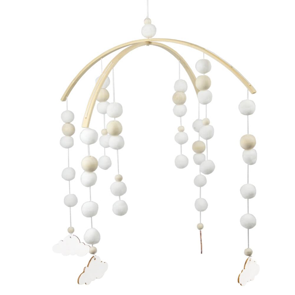 Uposao Mobile Baby, Wooden Baby Bed Mobile Wind Chime Rattle Toy with Felt Balls Newborn Children's Room Hanging Bed Bell Mobile Wind Chime Pom Pom Mobile for Cot, Cloud, White