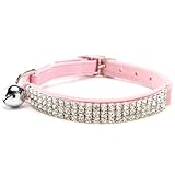 BINGPET Adjustable Cat Collar Soft Velvet Safe Collars Bling Diamante with Bells, Pink