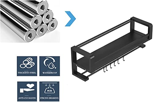 Spice Rack Organizer Wall Mounted 2 Tier, Floating Shelves Black, Wall Shelf for Bedroom, Wall Decor, Living Room, Kitchen Storage, Bathroom Shelves Over Toilet with Towel Rack Guardrail Holder Hook