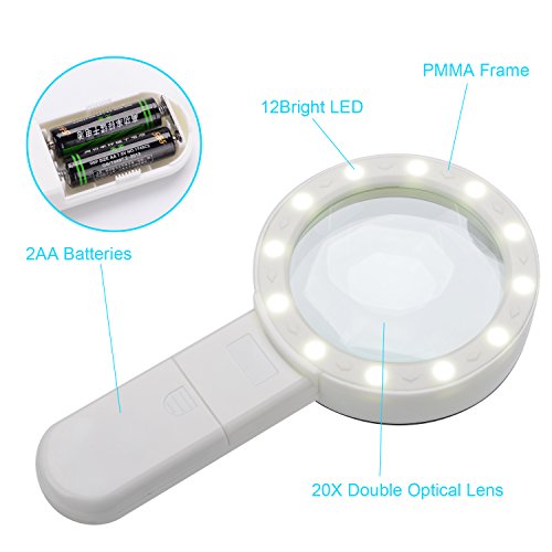 Extra Large 20X Magnifying Glass with 12 Bright LED Lights,XYK Handheld Lighted Magnifier for Reading,Inspection,Exploring,Hobbies and Macular Degeneration (White)