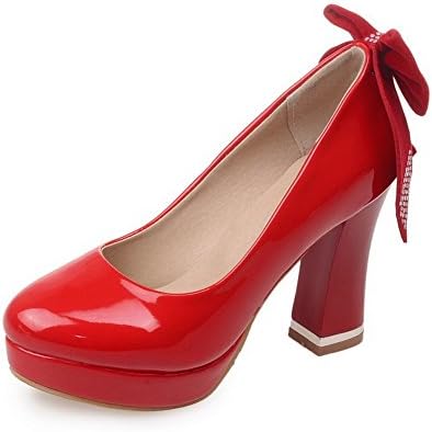 BalaMasa Ladies Glass Diamond Spun Gold Bowknot Square Heels Red Imitated Leather Pumps-Shoes - 8 B(M) US