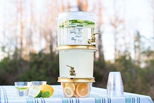 Adorn Home - Crystal Clear 2-Tier Ice Beverage Dispenser | Outdoor/Indoor Drink Beverage Dispenser | 2-Tier, 3 Ice Chambers & 2 Gold plated Faucets | Decorative,Stylish Lid Cover and Cup Tray