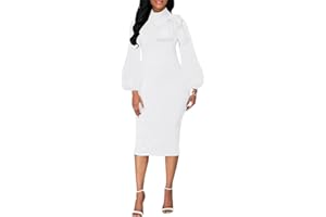 LALALIN Sexy Long Sleeve Dress for Women Solid Color Bow Knot Turtleneck Formal Gown Midi Casual Church Dresses
