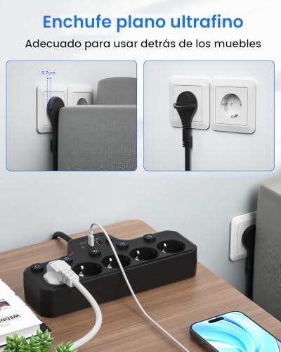 Regleta Enchufe Plano, Regleta 5 Tomas con USB C Carga Rápida PD20W, Negro