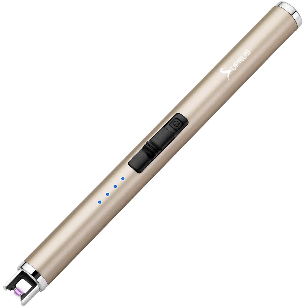 Photo 1 of SUPRUS Electric Lighter Candle Type C Rechargeable Lighter with Upgraded LED Battery Display Safety Switch Flameless Plasma Windproof for Candle Cooking BBQs Fireworks (Champagne Gold)