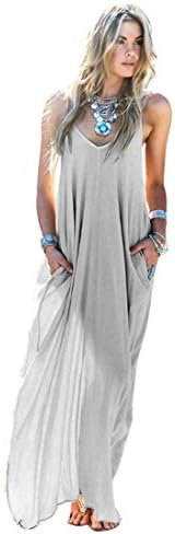 MIXMAX Women's Strappy Casual Loose Boho Chiffon Pocket Long Maxi Dress