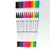 MengRan Dual Tip/Double Head/2 in 1 Caligraphy Brush Marker Pens & Porous Fineliner Pen Pastel Colored China Markers Fine Point 0.4 Drawing Pens for Art Office Supplies (12 Colors)