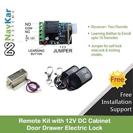 NAVKAR 12V DC Cabinet Door Drawer Electric Lock Assembly Solenoid Lock 27x29x18mm and Remote Kit for Open Electronic Door Lock (with 2 Remote)