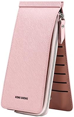 Qyoubi Women's Leather Credit Card Holder Case Wallet RFID Blocking Zipper Purse Pink
