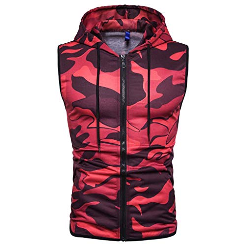 Gym Hoodie Men Bodybuilding Stringer Tank Top Camouflage Sleeveless Shirt Full Zipper (XXXL, Red) - Thumbnail 4