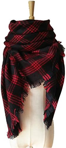 Womens Warm Tassels Plaid Scarf Fall Winter Soft Chunky Pashmina Tartan Blanket Wrap Shawl（Red Black）