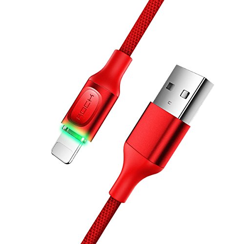 ROCK Auto Disconnect Metal Lightning Cable 3.28ft Fast Charging LED Indicator Data Sync Cord Intelligent Charger for iPhone X/8/8 Plus/7/7 Plus/6/6 Plus/5/5S (Red)