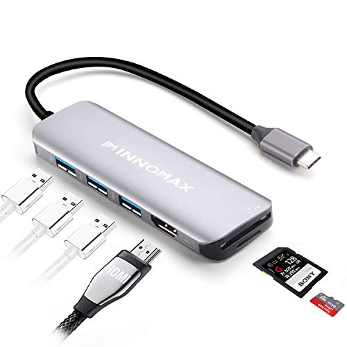 INNOMAX MacBook Pro USB C Adapter, 7-in-1 USB C/Thunderbolt 3 to 4K HDMI Multiport Hub Adapter with SD/TF Card Reader, 3 USB 3.0 Ports for MacBook Air/iPad Pro 2019/2018/SamsungDex, More-Gray