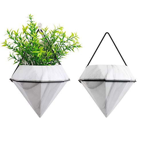 T4U Diamond Wall Planter Geometric Wall Vases Marble White, Pack of 2 Ceramic Mounted Succulent Air Aloe Pots Cactus Faux Plants Containers White Fashionable Indoor Decor for Home and Office