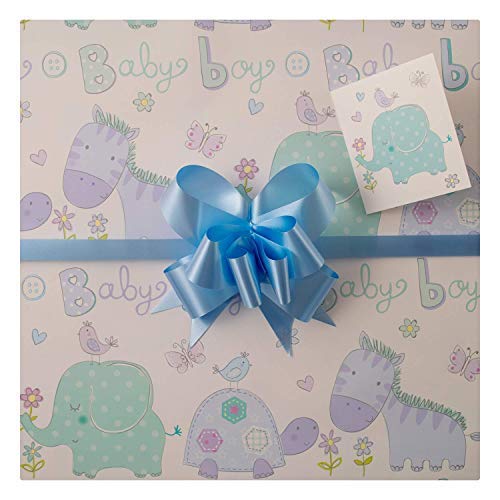 Baby Boy Gift Wrap Pack, 2 Sheets, 2 Tags and 2 Pale Blue Pull Bows, Arrives in an A4 Boarded Envelope for Protection, Baby Boy Shower, Birth, Boy's First Birthday, Boy Christening,