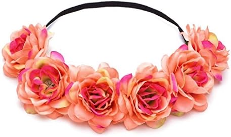 Daisyu Bride Women Rose Flower Forehead Hair Headband Floral Crown Garland Elastic Headband (Mei red)