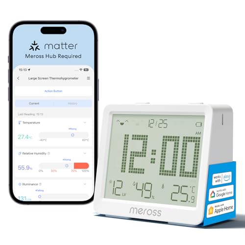 Meross Matter 10-in-1 Smart Thermometer Hygrometer (Hub Required) – Indoor WiFi Weather Station with Display, Automation and Alerts, Compatible with Apple HomeKit, Alexa and Google Home
