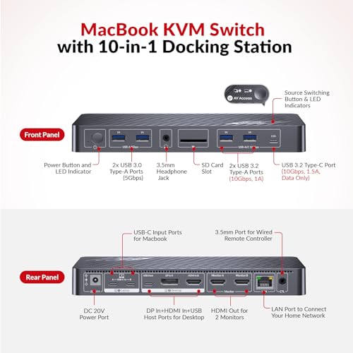 AV Access KVM Switch Docking Station for MacBook, USB C KVM Switch 2 Monitors 2 Computers, 4K Dual HDMI Displays, 1 Laptop + 1 Desktop Switching, Ethernet, 100W Power Delivery, Edid Emulation
