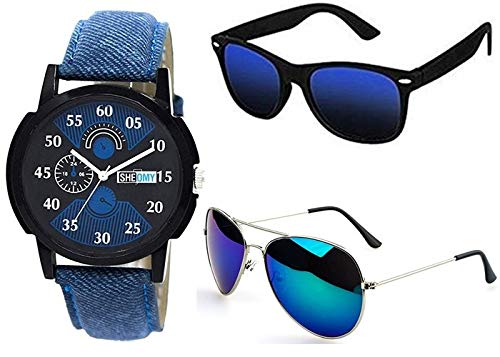 Sheomy Combo Pack of Sunglasses and Metal Analogue Quartz Black and Blue Dial Watch for Boys