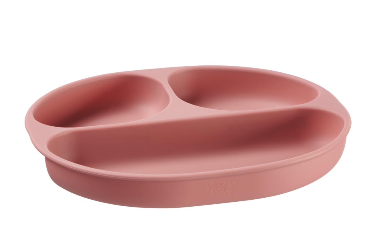 Vital Baby Nourish Silicone Suction Plate - Mess-Free Weaning to Toddlerhood | Strong Suction Pads | Divided Areas | Scooped Sides | BPA-Free - Blush Raspberry