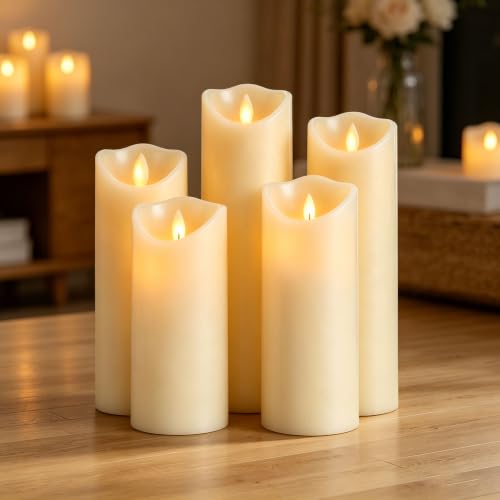 Da by - LED Candles, Set of 5 Decorative Candles (14cm, 15cm, 16cm, 18cm, 20cm), 10 Touch Flameless Candle, Flashing LED Flame, Made of Real Wax