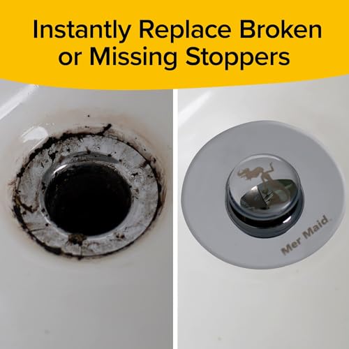 MER-MAID DRAIN MAGIC AS-SEEN-ON-TV REPLACE BROKEN OR MISSING BATHROOM DRAIN STOPPERS IN SECONDS, NO TOOLS, PUSH TO FILL, HAIR CATCHER PREVENTS CLOGS, WATERTIGHT SILICONE SEAL,CHROME PLATED SOLID BRASS