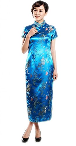 JTC Women's Dragon and Phoenix Print Long Cheongsam Dress Lake Blue