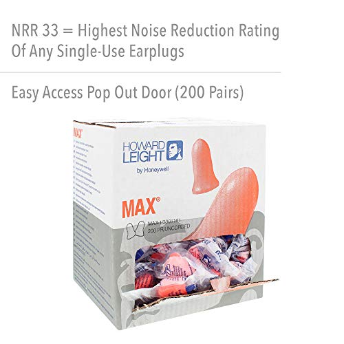 image for Honeywell Howard Leight MAX-1 Uncorded NR33 Foam Earplugs Box, 200 Pai