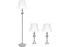 Elegant Designs LC1019-GRY Traditionally Crafted 3 Pack Lamp Set (2 Table Lamps, 1 Floor Lamp) with White Shades, Gray