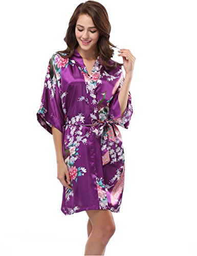 Luvrobes Women's Satin Kimono Robe, Peacock Design, Short (S, Violet)