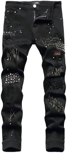 GINZOUS Men Star Painted Black Stretch Denim Slim Straight Jeans