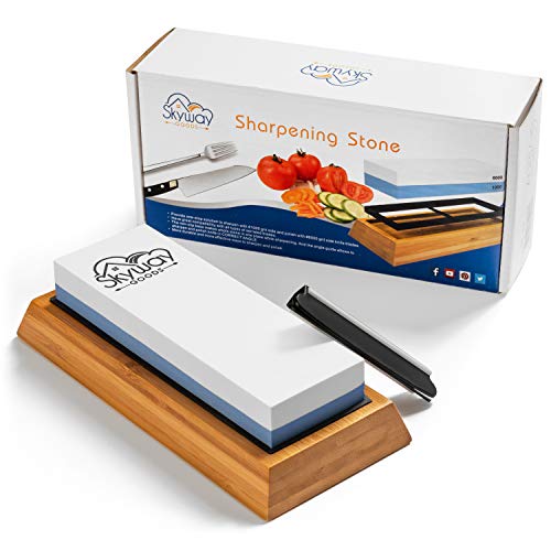 Skyway Goods Sharpening Knife Stone Set. Double Grit Whetstone 1000/6000, Angle Guide and Bamboo Base