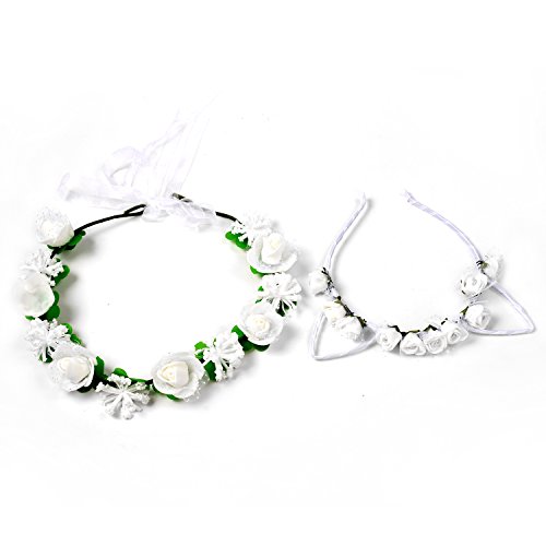 Flower Car Ear Headband Hair Wreath for Women Photography Weddings Festival Party Garland Crown Headpiece White 2pcs - HLH1 - Thumbnail 7