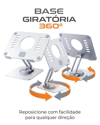 Suporte para Notebook Ajustável - Giratório 360° Ergonômico em Alumínio - Base Antiderrapante - Dobrável - Articulado - Compacto - Compatível com Notebook; Tablet; Laptop; MacBook; até 17”