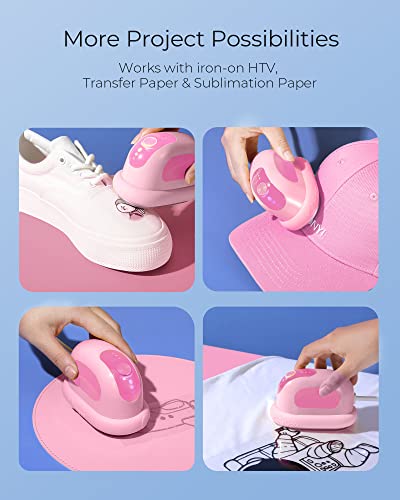 Hiipoo Mini Heat Press Machine for Pressing Small Objects T-Shirts, Shoes, Hats and Heating Transfer, Small Heat Press Portable Iron, 3 Heat Settings (Pink)