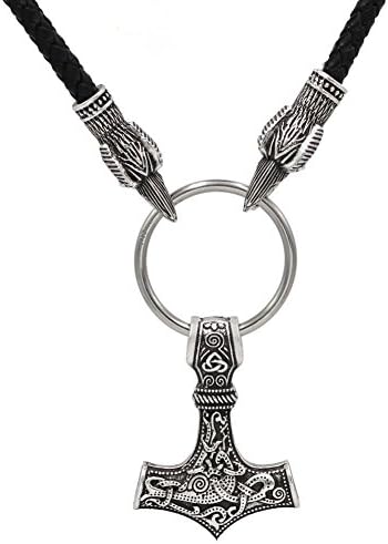TTKP Viking Leather Cord Ravens of Odin Thor's Hammer Mjolnir Scandinavian Necklace Raven Head Huginn and Muninn