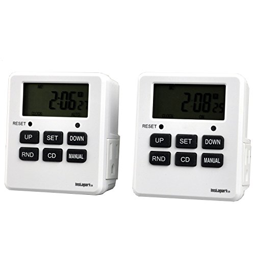 2 Pack Digital Programmable Timer TUE-19 with 7 Day, Dual Outlet, 3 Prong Socket Plug In for Heavy Duty, Indoor Use Instapark