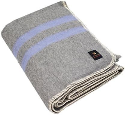 Thick Alpaca Wool Blanket (Queen, Light Gray - Soft Blue Stripes)
