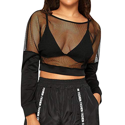 Startview Fashion Womens O-Neck Solid Mesh Patchwork Cropped Bolero Long Sleeve Tops
