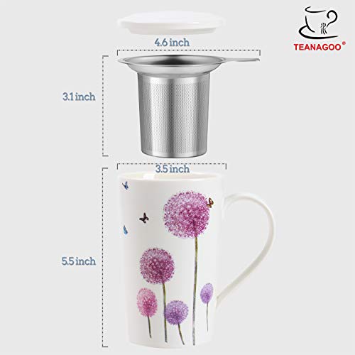 TEANAGOO M58-5 Tea Cup with Filter and Lid, 18 OZ, Dandelion, Dom Dad Women Travel Teaware with Infuser, Tea Cup Steeper Maker, Brewing Strainer for Loose Leaf Tea,Diffuser mug set for Lover Gift