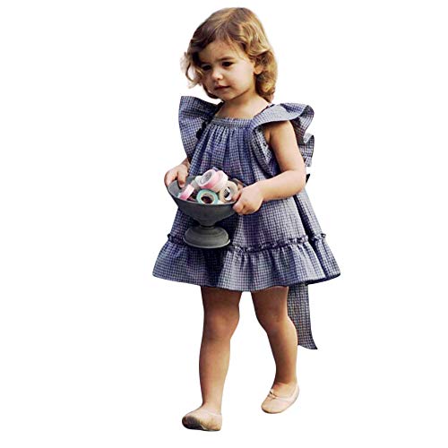 Tantisy ♣↭♣ Baby Girl Dresses 6M-24M Fashion Kids Ruffled Sleeve Plaid Princess Party Casual Dress Patchwork Sundress Blue